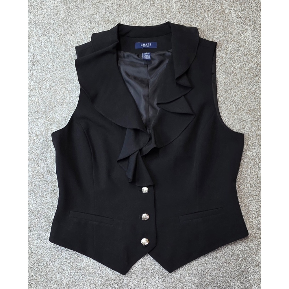 Chaps Womens Black Ruffle Collar Vest Silver Crest Buttons Size Med Stretch
451